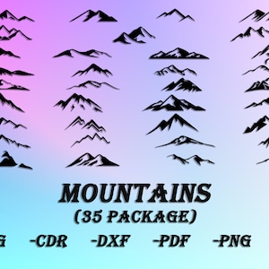 Puede incluir: Un conjunto de 35 ilustraciones de siluetas de montañas negras en una variedad de estilos. Las ilustraciones están dispuestas en filas y columnas sobre un fondo degradado de rosa, morado y azul. El texto "MOUNTAINS (35 PACKAGE)" está en la parte inferior de la imagen, junto con los tipos de archivos disponibles: SVG, CDR, DXF, PDF, PNG y AI.