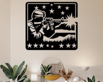 May include: Black and white silhouette of a soldier aiming a rifle with a star-spangled banner background. The soldier is wearing a helmet and tactical gear.