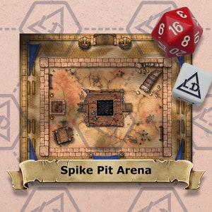May include: A top-down view of a miniature tabletop game battle arena with a wooden platform in the center. The arena is surrounded by a stone wall and has a blue banner on each side. The text "Spike Pit Arena" is written on a banner at the bottom of the image.
