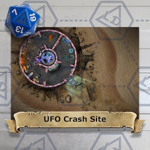 May include: A top-down view of a detailed map depicting a UFO crash site. The map shows a circular crater with a crashed spaceship in the center. The spaceship is surrounded by debris and other objects. The map is labeled "UFO Crash Site".