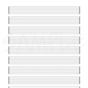 May include: A sheet of blank music staff paper featuring nine distinct systems of five horizontal black lines. Each staff is enclosed by vertical lines on both ends. A single horizontal line is positioned at the top of the page.
