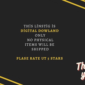 Puede incluir: Fondo negro con rayas diagonales amarillas. Texto blanco: "Esta lista es una descarga digital solamente. No se enviar&aacute;n art&iacute;culos f&iacute;sicos. Por favor, calif&iacute;canos con 5 estrellas. &iexcl;Gracias!"