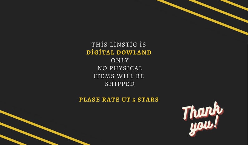 Puede incluir: Fondo negro con rayas diagonales amarillas. Texto blanco: "Esta lista es una descarga digital solamente. No se enviar&aacute;n art&iacute;culos f&iacute;sicos. Por favor, calif&iacute;canos con 5 estrellas. &iexcl;Gracias!"