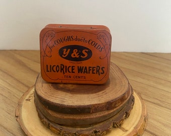 Antique Tin 1940's, Y&S Licorice Wafers, Vintage Medical, Cough Medicine, Montreal Quebec Canada