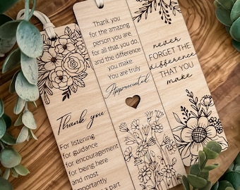 Personalized Wood Teacher Bookmark: Engraved Floral Gift