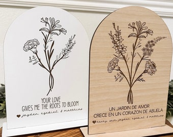 Personalisiertes Geburtsblumenstraußschild | Muttertagsgeschenk | Monatliche Geburtsblumen | Lasergraviertes Schild | Geburtsblumen Schild | Holzschild