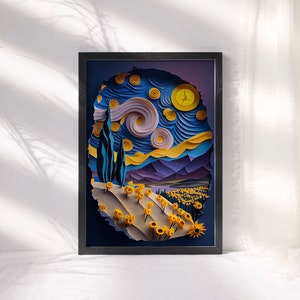 Op de afbeelding: Een ingelijst papieren kunstwerk dat een sterrenhemel voorstelt met een wervelende lucht en een gele maan. De lucht is blauw en paars met witte sterren. De onderkant van het beeld toont een veld met gele zonnebloemen.