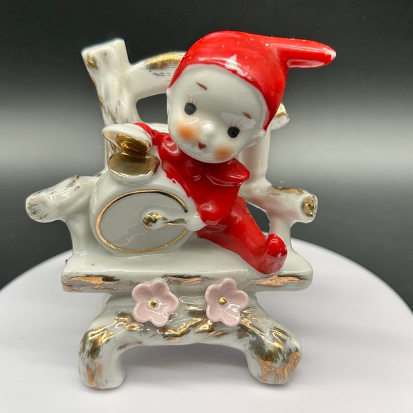 Red Pixie Elf Figurine Sitting in Chair Playing symbols and drum Vintage