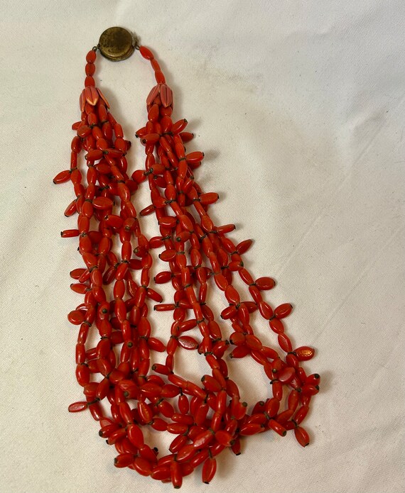 Coral Glass Beaded 6 Strand Necklace 18” length. - image 3