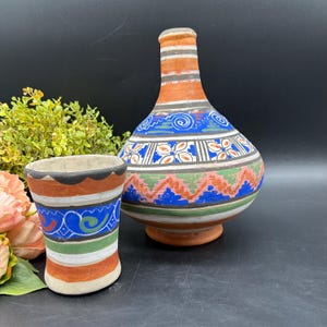 Vintage Hand Painted Mexican Unglazed Pottery Water Jug