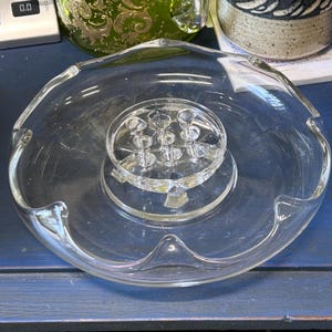 Vintage Glass Flower Frog Bowl, Clear Glass Flower Arranging Dish, Centerpiece Bowl with Frog, Wavy Rim Decor