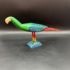 Hand Carved Wooden Parrot Sculpture, Folk Art Tropical Bird Figurine, Unique Home Decor