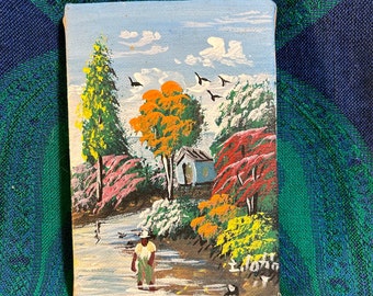 Original Haiti Oil Painting Landscape Folk Art Signed Canvas