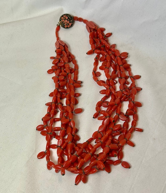 Coral Glass Beaded 6 Strand Necklace 18” length. - image 1