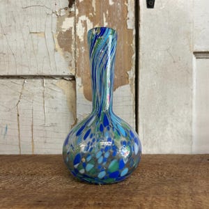 Hand Blown Mexico Confetti Glass Vase - Blue Green Speckled Art Glass Bottle - Authentic Mexican Decor