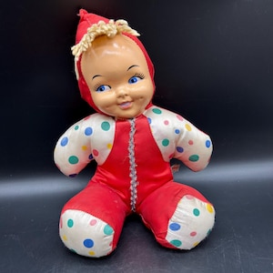 Lazy Baby Stuffed Plushie Doll Red with polka Dots From 1950s Plastic Face Carnival Doll