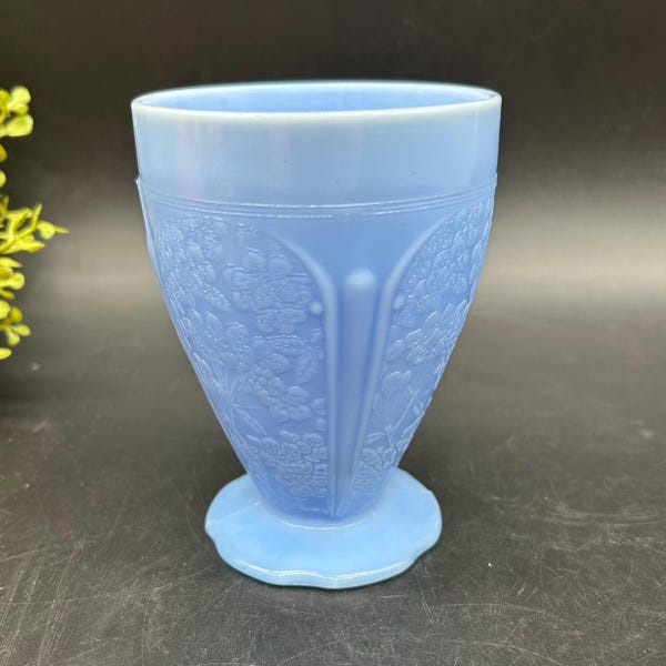 Blue Jeannette Delphite Tumbler Cup Glass Cherry Blossoms Depression Glass Periwinkle Blue Milk Glass