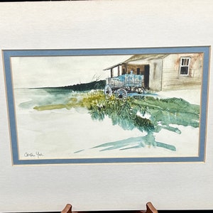 Christine York Original Watercolor Landscape Painting Old Shack and Wagon