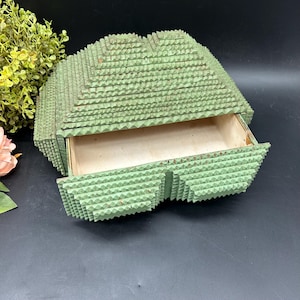Tramp Art American Folk Art Painted Carved Wood Storage Box with Drawer