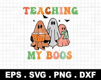 May include: A digital design featuring three ghosts holding books with the text "TEACHING MY BOOS" in colorful letters. The design is perfect for Halloween-themed crafts and projects.