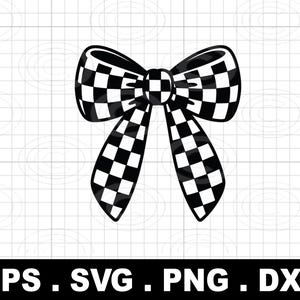 May include: A black and white chequered bow illustration. The bow is centered and has a classic bow shape with two loops and two streamers. The image includes the text "EPS . SVG . PNG . DXF" at the bottom.