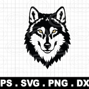May include: A black and white graphic of a wolf's head with yellow eyes. The wolf is smiling. The image includes the text "EPS . SVG . PNG . DXF" in white letters on a black background.
