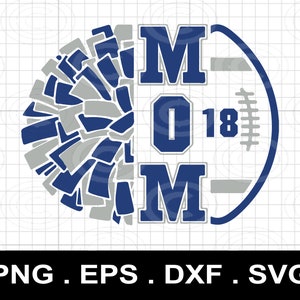 Op de afbeelding: Een blauw en grijs grafisch ontwerp met een cheerleading pompon en een voetbal met de tekst "MOM 018".