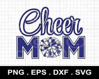 Op de afbeelding: Cheer Mom ontwerp met een witte pompon en blauwe letters.