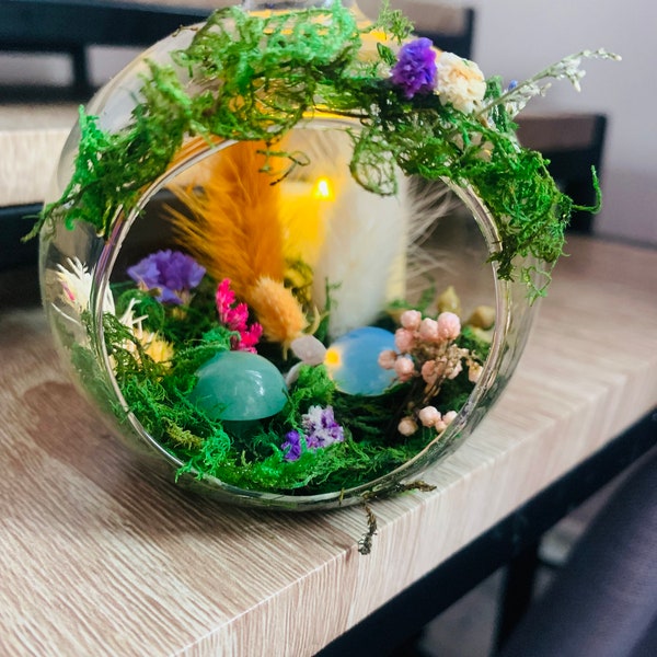 Quartz garden terrarium, dried flowers and moss in a glass dome, rope to hang the glass dome along with a battery powered tea light