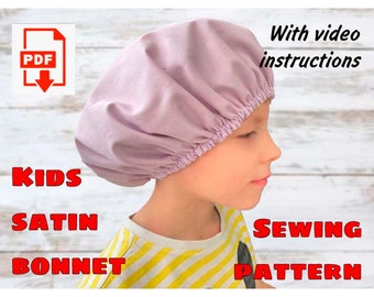 Patron de couture réversible pour bonnet en satin pour enfants avec instructions vidéo, chapeau de couchage pour cheveux, bonnet de sommeil, bonnet de sommeil pour cheveux longs bouclés