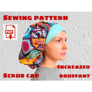 May include: Sewing pattern for a scrub cap with an increased bouffant. The pattern is available as a PDF download. The cap is shown in a colorful, patterned fabric with a turquoise blue lining.