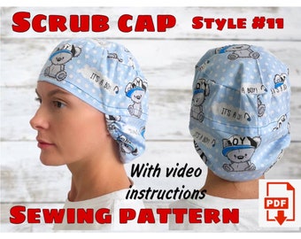 Scrub Cap Style#11 With Hair Pocket Sewing Pattern And Video Instructions ,Printable Scrub Hat Sewing Pattern,Surgical Hat Pattern