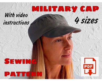 Military Cap Sewing Pattern in 4 sizes and Video Instructions, Cadet Cap, Army Style Hat, Newsboy cap, Fidel Castro Cap, Hunter Cap
