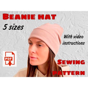 May include: A pink beanie hat sewing pattern with instructions. The pattern includes 5 sizes and comes with a video tutorial. The pattern is available as a PDF download.