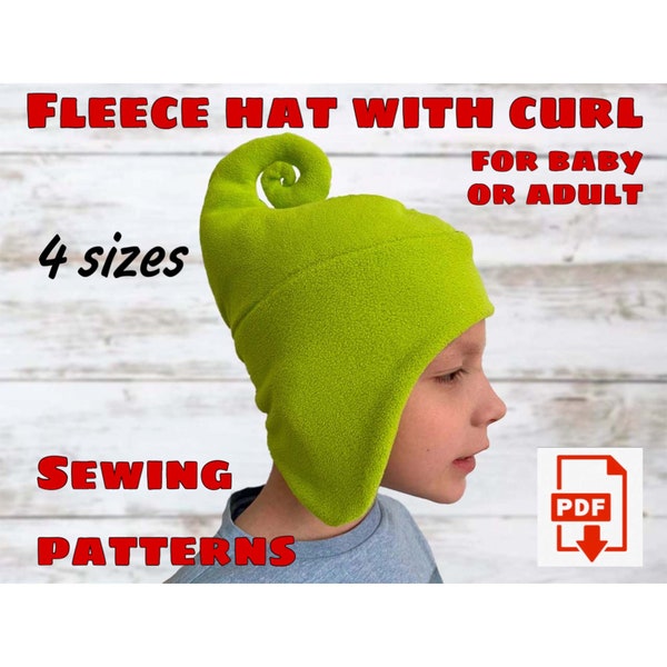 Fleece Hat with Curl Sewing Pattern in 4 Sizes For Baby or Adult, Gnome Hat Pattern, Smurf Hat Pattern, , Child Fleece Hat