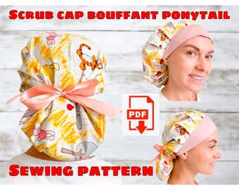 Scrub Cap Style#8 Bouffant Ponytail Sewing Pattern, Double Style Scrub Hat Pattern Printable, Surgical Hat Pattern, Medical Cap Pattern