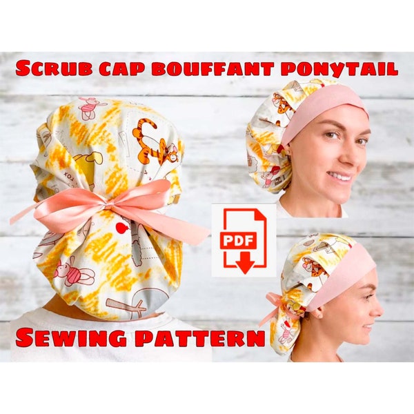 Scrub Cap Style#8 Bouffant Ponytail Sewing Pattern, Double Style Scrub Hat Pattern Printable, Surgical Hat Pattern, Medical Cap Pattern