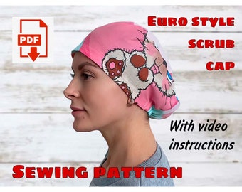 Euro Style Scrub Cap Unisex Sewing Pattern With Video Instructions, Printable Scrub Hat Sewing Pattern,Surgical Hat Pattern,Medical Cap