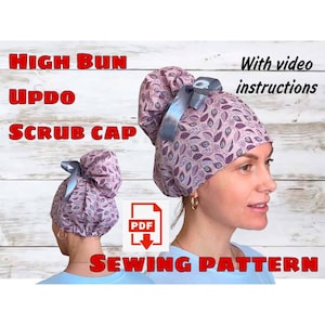 Hoge Bun Scrub Cap naaipatroon met video-instructies, afdrukbare Scrub Hat naaipatroon, chirurgische hoed patroon, medische pet, paardenstaart cap