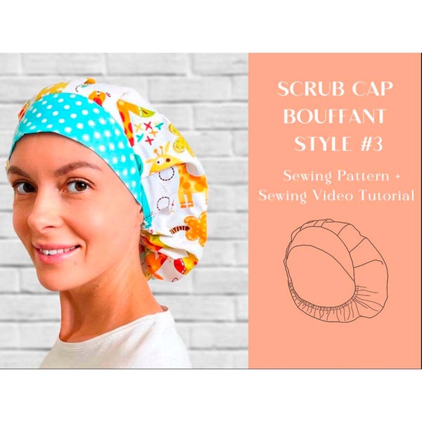 Bouffant-naaipatroon stijl # 3 met video-instructies, scrubmutspatroon afdrukbaar, patroon chirurgische hoed, patroon medisch pet