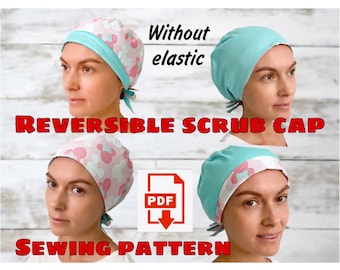 May include: A sewing pattern for a reversible scrub cap. The cap is made of two fabrics, one with a light blue background and the other with a pink background and a white Mickey Mouse print. The pattern is available as a PDF download.  The text "Without elastic" and "REVERSIBLE SCRUB CAP" is visible in the image.