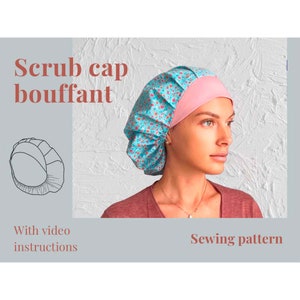 May include: A bouffant scrub cap with a floral pattern in blue and red, paired with a pink band. The text "Scrub cap bouffant" is displayed, along with "With video instructions" and "Sewing pattern".