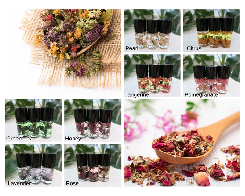 May include: A set of ten 10 ml glass roller bottles with different colored liquids and dried flowers inside. The bottles are labeled with the names of the scents: Pearl, Citrus, Tangerine, Pomegranate, Green Tea, Honey, Lavender, Rose.