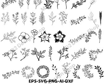 50 Leaves SVG Bundle, Hand Drawn Leaves SVG, Plant Svg, Flower Clipart Svg, Leaf Templates, Cut Files, Leaf Clipart, Cricut Silhouette SVG
