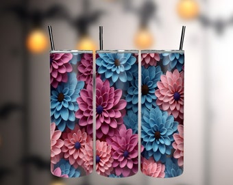 Fiori colorati 3D senza soluzione di continuità 20 oz Skinny Tumbler Sublimation Design, Tumbler dritto e affusolato, Download digitale istantaneo PNG