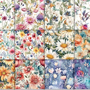 May include: A digital collage of 12 watercolour floral patterns. The patterns feature various flowers, including daisies, sunflowers, roses, and wildflowers, in shades of pink, yellow, blue, and purple. The patterns are set against a white background.