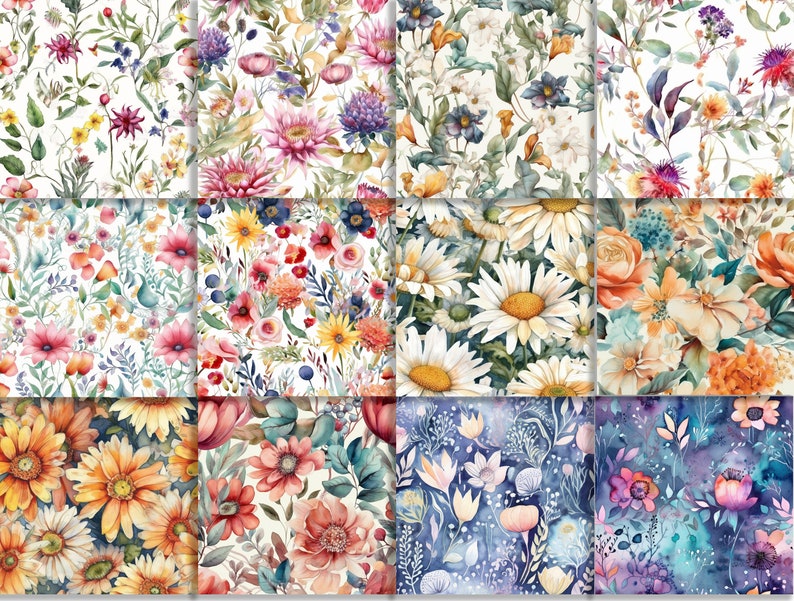 May include: A digital collage of 12 watercolour floral patterns. The patterns feature various flowers, including daisies, sunflowers, roses, and wildflowers, in shades of pink, yellow, blue, and purple. The patterns are set against a white background.