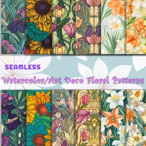 Floral Digital Paper - SEAMLESS - Watercolor/Art Deco Flower Patterns - 12 Designs - 12x12in - Commercial Use, Printable Paper