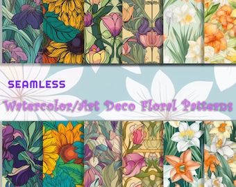 Floral Digital Paper - SEAMLESS - Watercolor/Art Deco Flower Patterns - 12 Designs - 12x12in - Commercial Use, Printable Paper