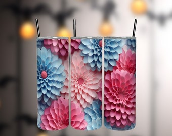 Fiori colorati 3D senza soluzione di continuità 20 oz Skinny Tumbler Sublimation Design, Tumbler dritto e affusolato, Download digitale istantaneo PNG